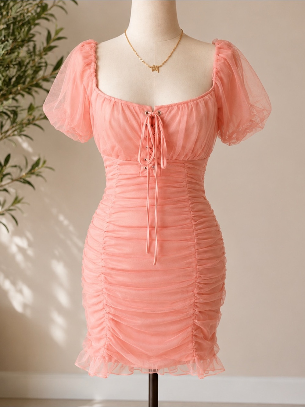 Mesh ruched lace up cocktail party special occasion dress